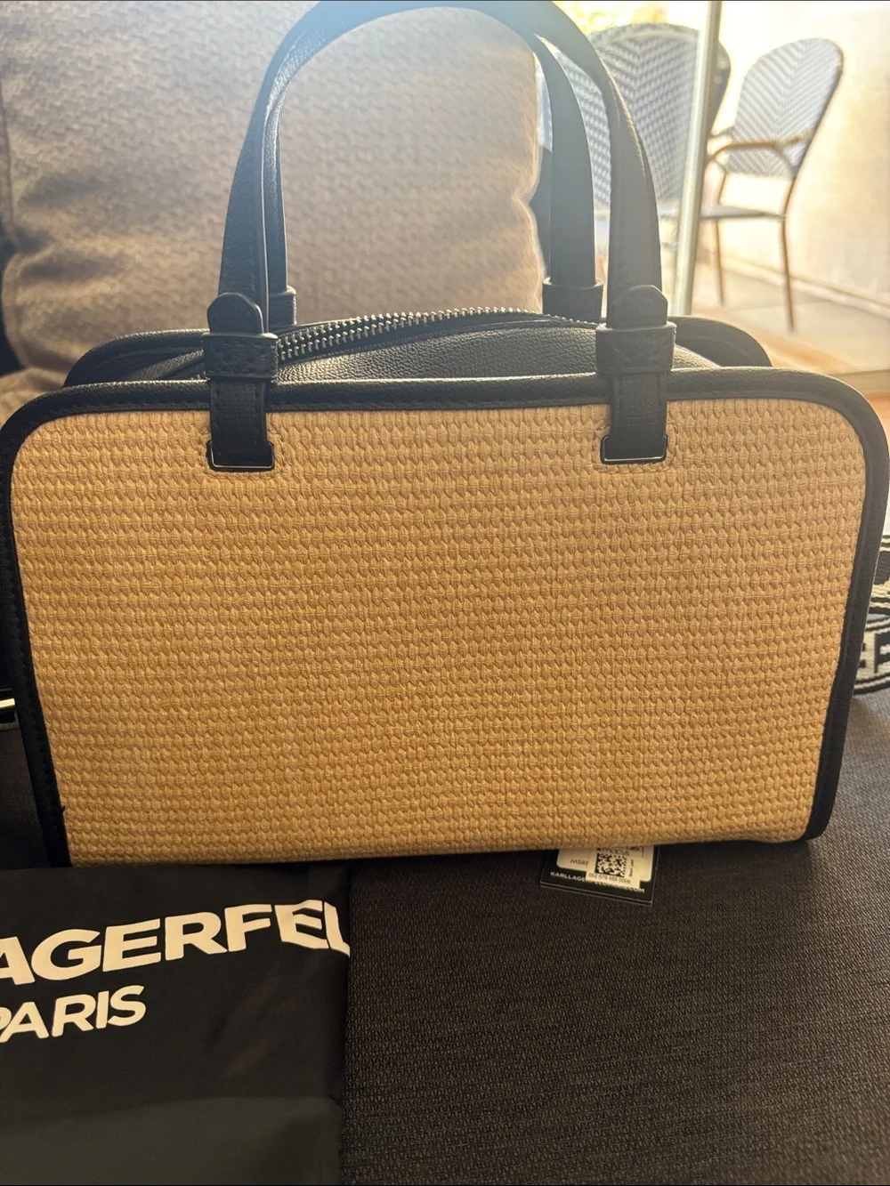KARL LAGERFELD Paris Black & Natural Straw Satchel